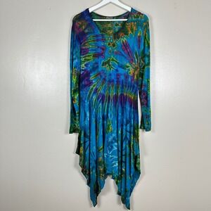 Jayli Women's Large Tunic Dress Blue Tie Dye Sharkbite Hem Boho Long Sleeve